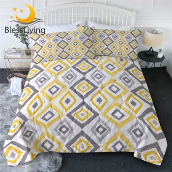 BlessLiving Geometric Quilt Set Rhombic Summer Comforter Yellow Grey White Bedding 3 Pieces Modern Colcha Verano Queen King 1
