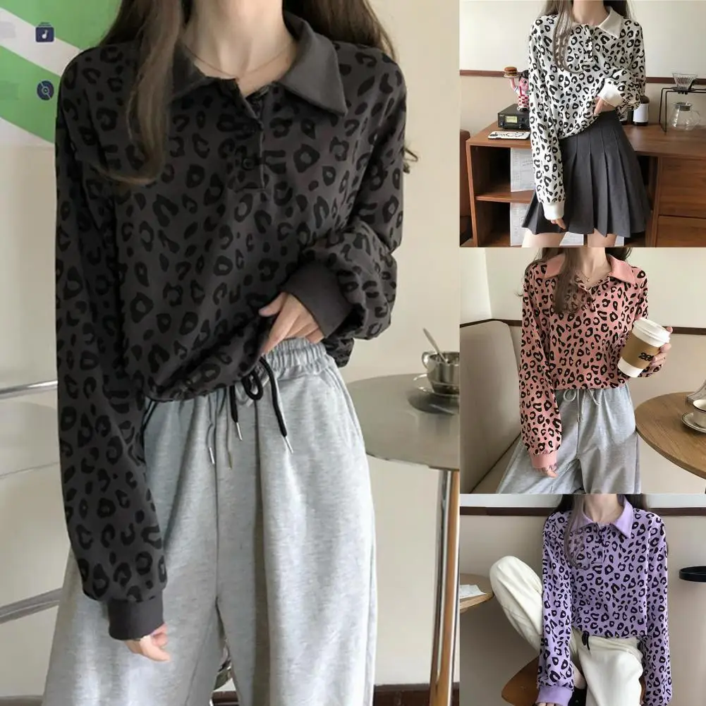 

Autumn Women Blouse New Stylish Polyester Long Sleeve Turn Down Collar Leopard Print Button Blouse Top 2021