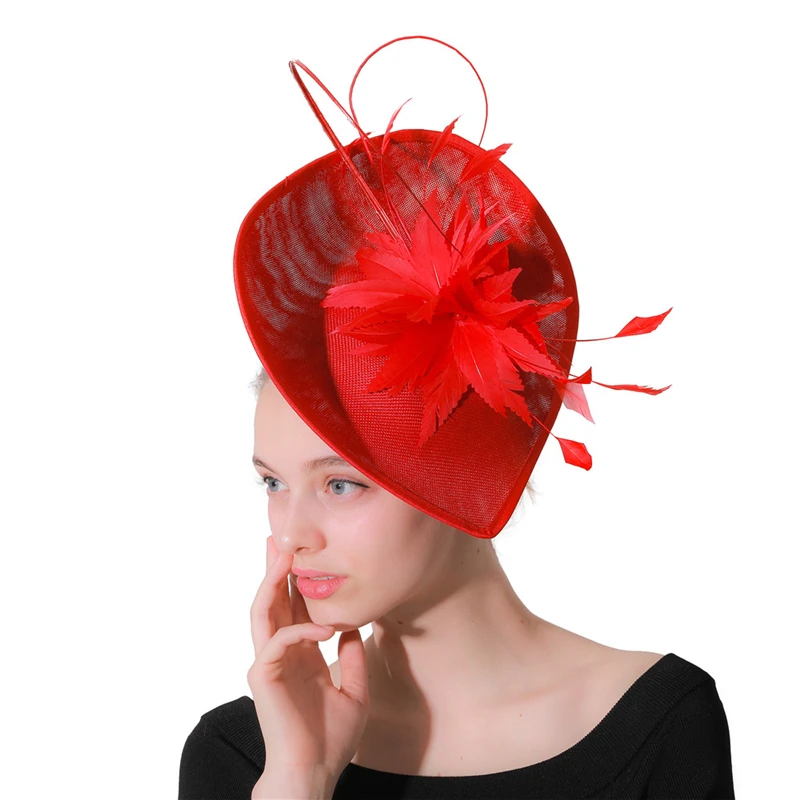 

Imitation Sinamay Fascinator Pillbox Hat Women Red Cocktail Party Headdress Ladies Elegant Wedding Bride Headwear with Feathers