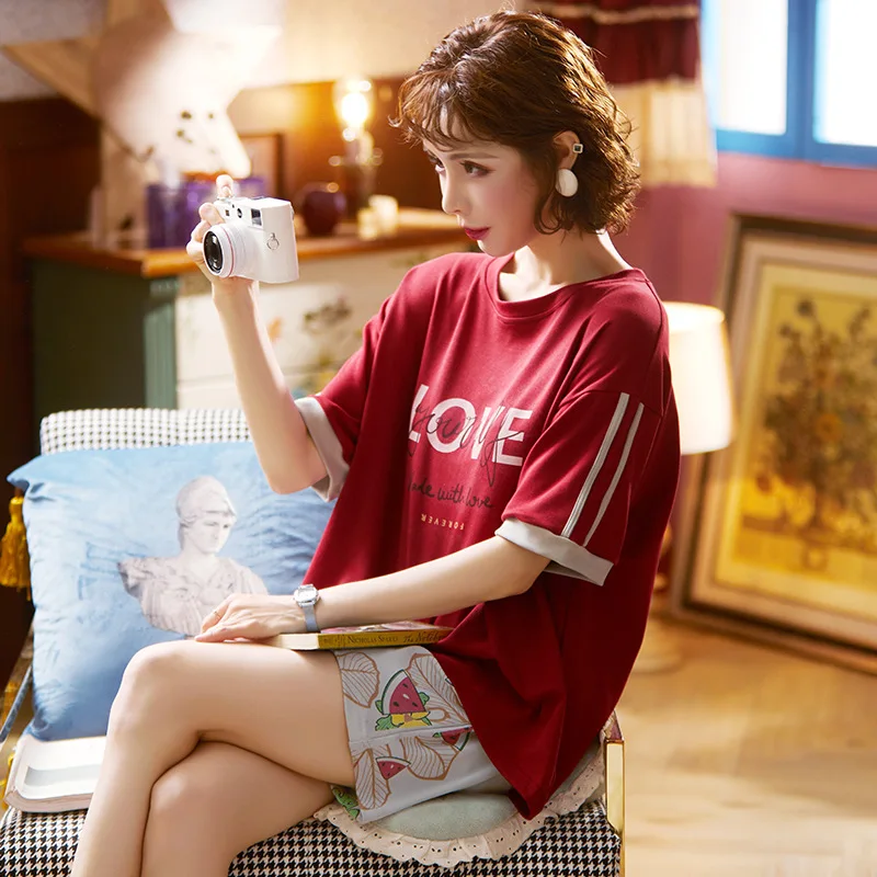 

2021 Summer New Pajamas Set For Women Yellow Short Sleeve T-Shirts+Shorts Lounge Suits Fresh Cartoon Print Cotton Girl Nightwear