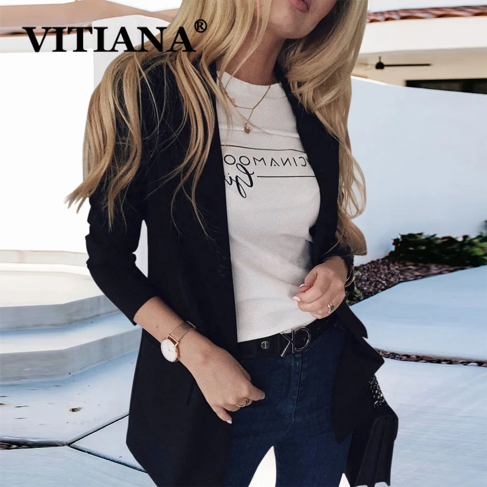 VITIANA Женский Повседневный блейзер Feminino однотонный черный офисный Длинный