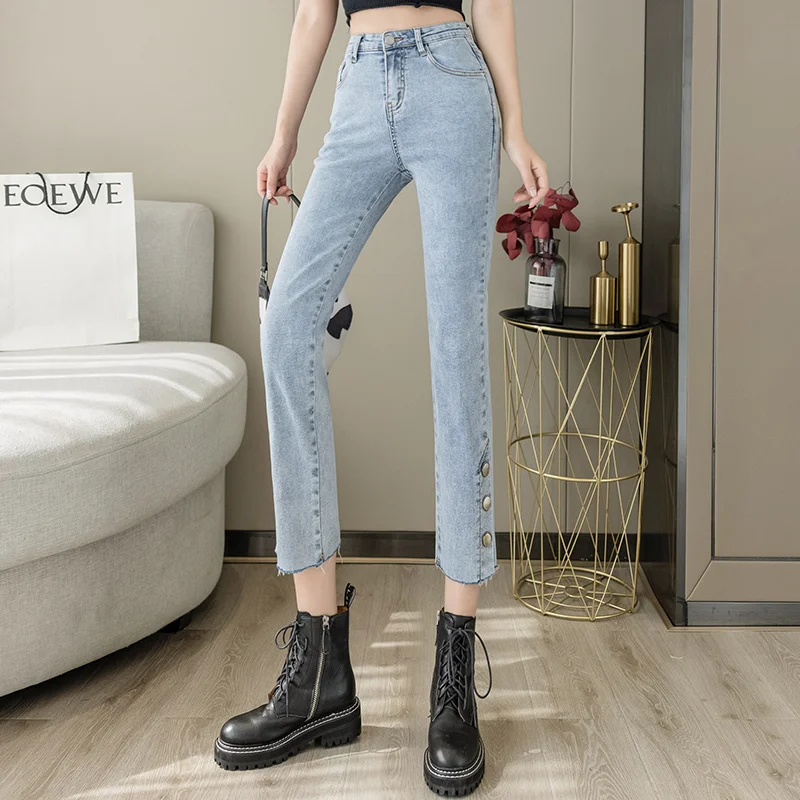 

Женские Эластичные прямые джинсы, с пружинной боковой пряжкой, 2021