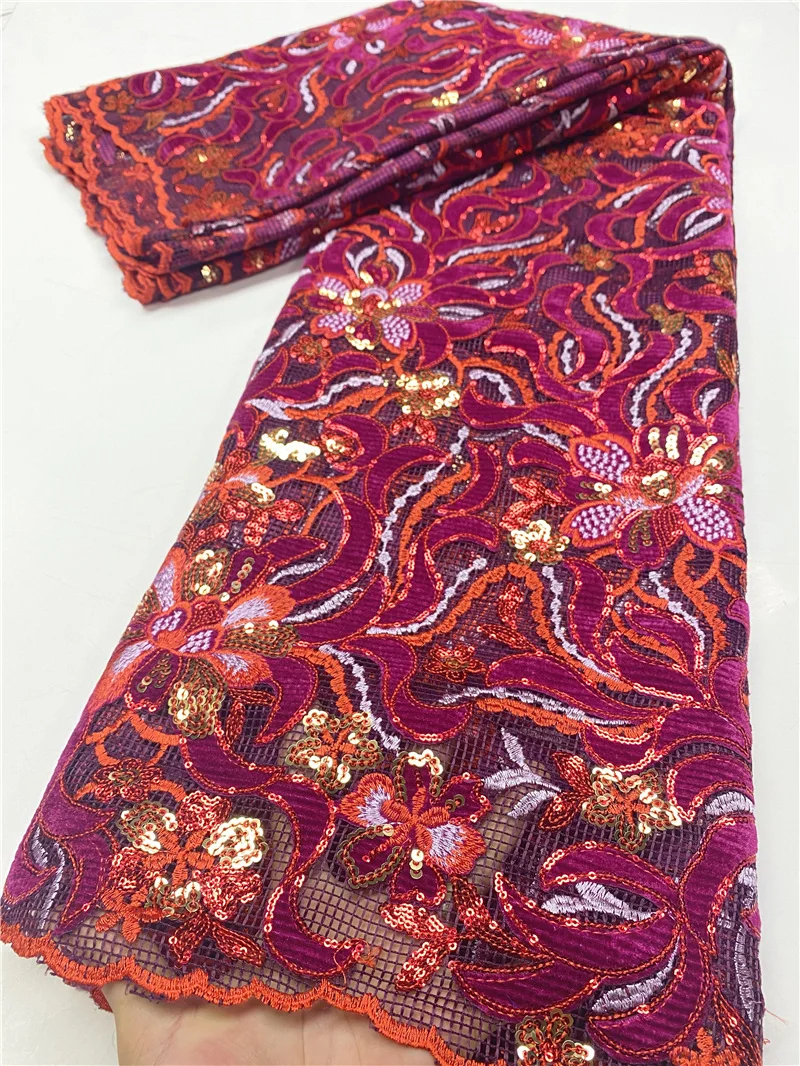 

Orange African Lace Fabric 2020 High Quality Velvet Lace With Sequins Soft French Lace Fabric For Wedding Party Sewing YA3684B-1