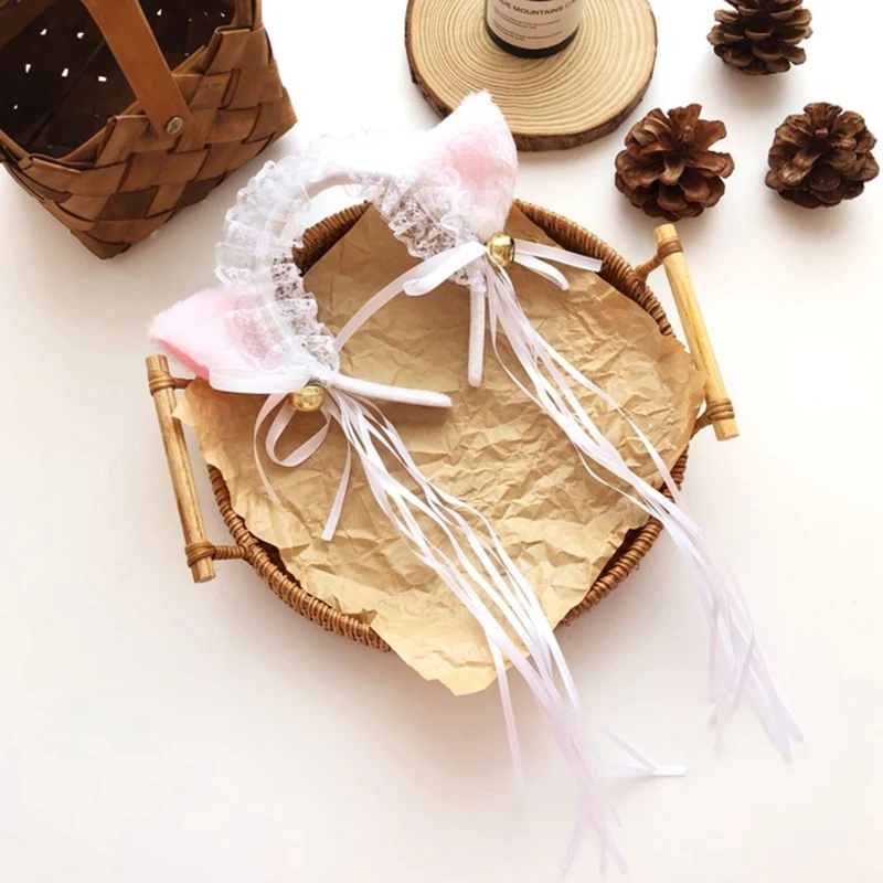 

Women Girls Fluffy Plush Cat Ears Headband With Small Bells Ribbon Tassels Ruffles Lolita Kawaii Hair Hoop Party