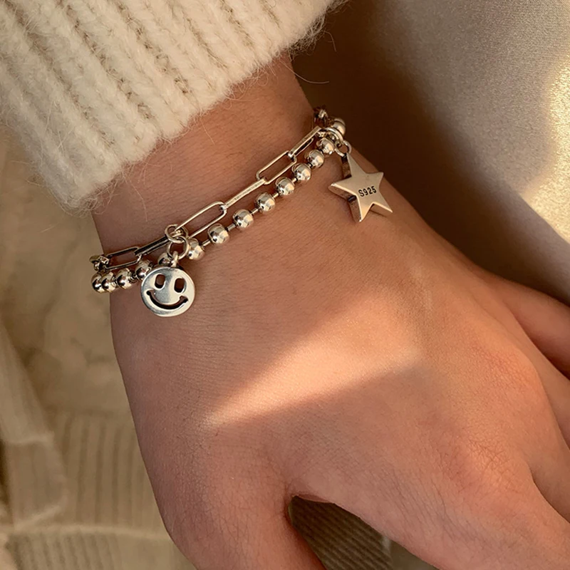 Женский браслет из стерлингового серебра 925 пробы с простым смайликом