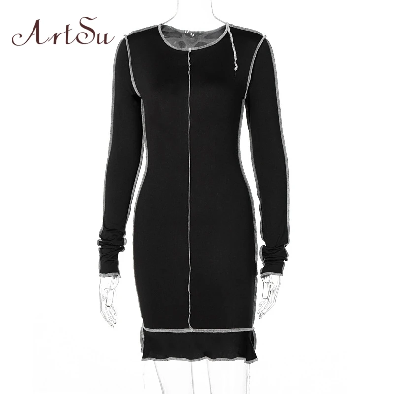 Artsu 2020 Long Sleeve Slit Bodycon Sexy Mini Dress Club Wear Sundress Slim Dresses Women Fashion Streetwear Outfits Clothes | Женская