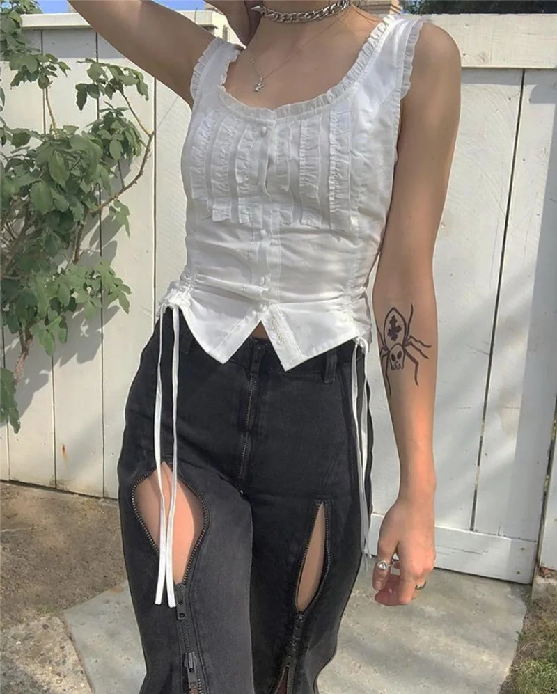 

Kawaii Vintage Y2K Ruffles Trim White Crop Tops Cute E-girl Fashion Buttons Drawstring Sleeveless Tank Top Square Collar