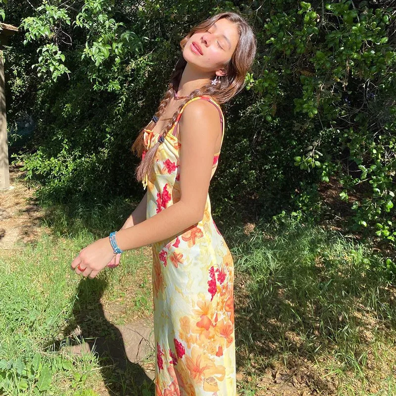 

Summer Dress Women Flroal Printed Sleeveless Mid-length Dresses Drawstring Vacation Summer Sundress Robe