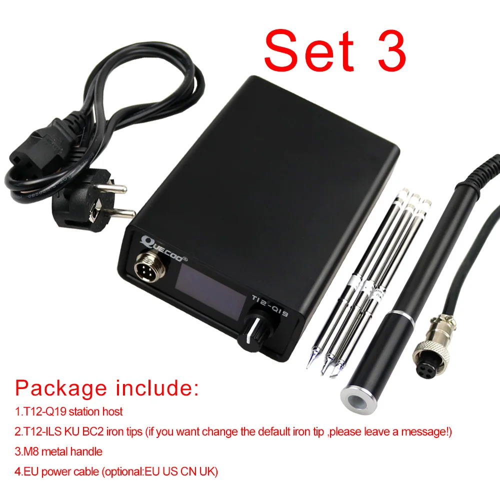 SET3 OLED T12-Q19 паяльная станция с электронным совместимым питанием переменного/постоянного тока с T12-M8 металлической ручкой и наконечниками для утюга T12 - Цвет: SET3