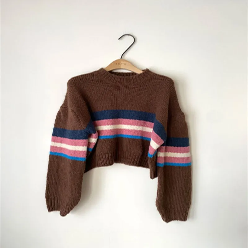

Chic Patchwork Striped Crewneck Winter Sweaters Elegant Knitted Comfort Soft Pullovers Women's Jumpers 2020 Winter Fashion