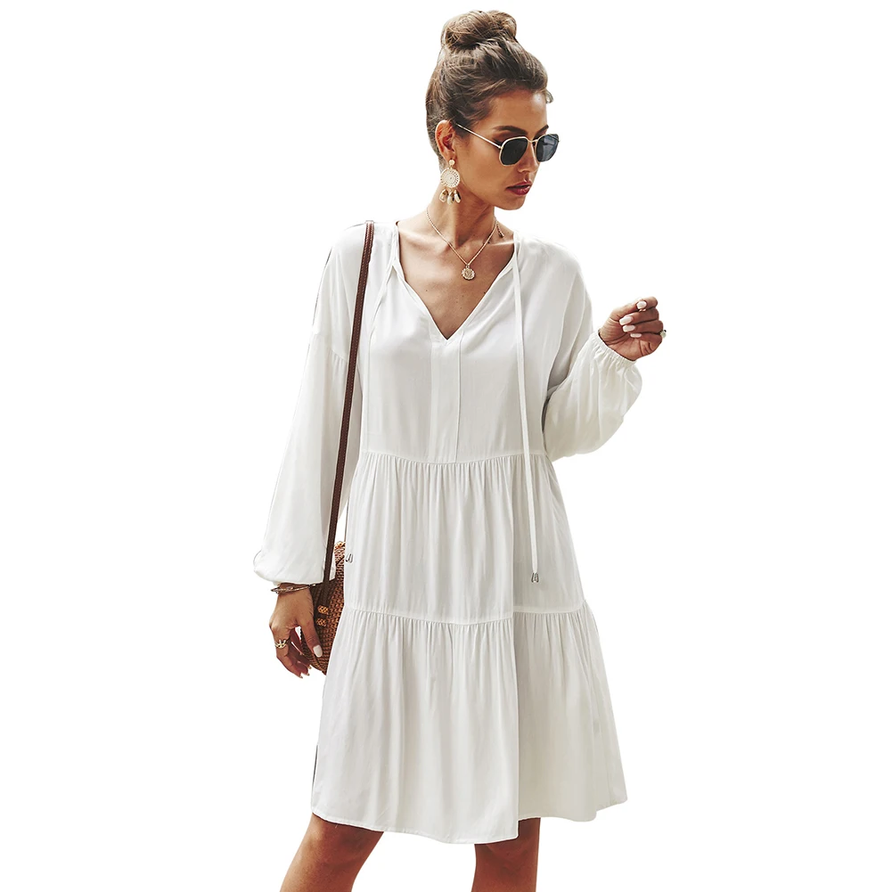 

Women's Long Sleeve Dress V-neck Collar Drawstring Design High Waist Loose Flowy Swing Dresses for Spring BMF88