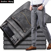 2021 new mens stretch regular fit jeans business casual classic style fashion denim trousers male black blue gray pants