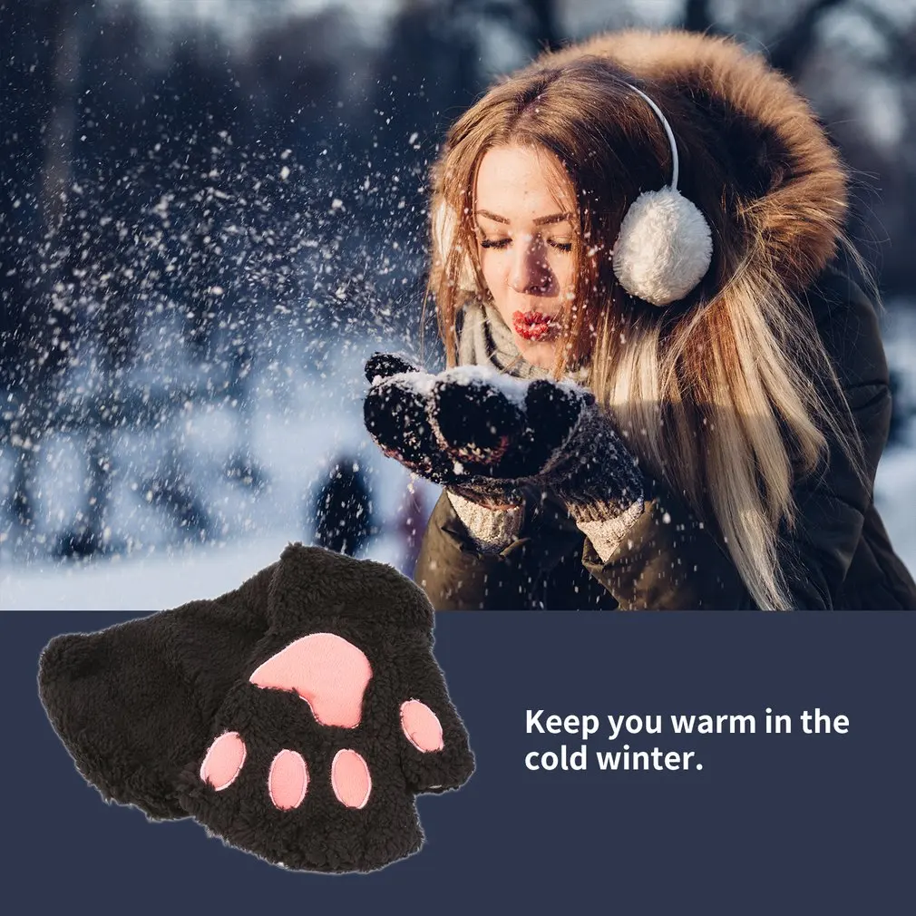 

Women Cute Cat Claw Paw Plush Mittens Winter Warm Fingerless Thick Gloves Soft Bear Claw Half Finger Gloves Cat Claw Mittens