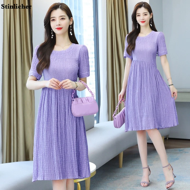 

Женское шифоновое платье, летнее, фиолетовое, повседневное, свободное, эластичное, в клетку, для работы