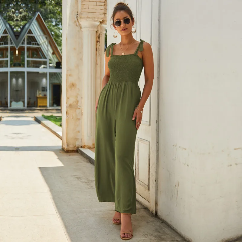 Женские Длинные Комбинезоны на тонких лямках Свободные повседневные однотонные