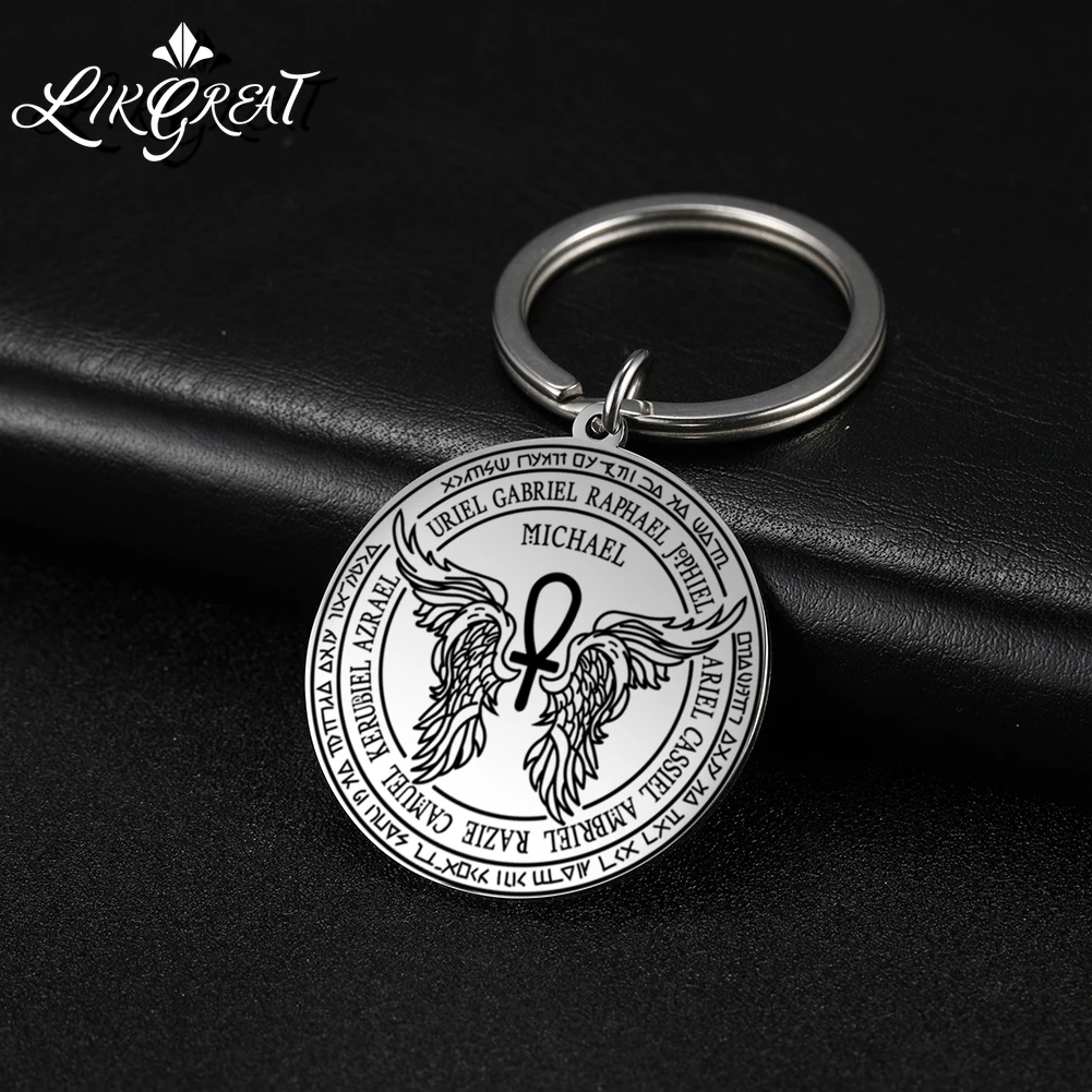 

Archangel Michael Saint Talisman Car Keyring Angel Wings Good Luck Protection Amulet Stainless Steel Keychain Accessories Friend