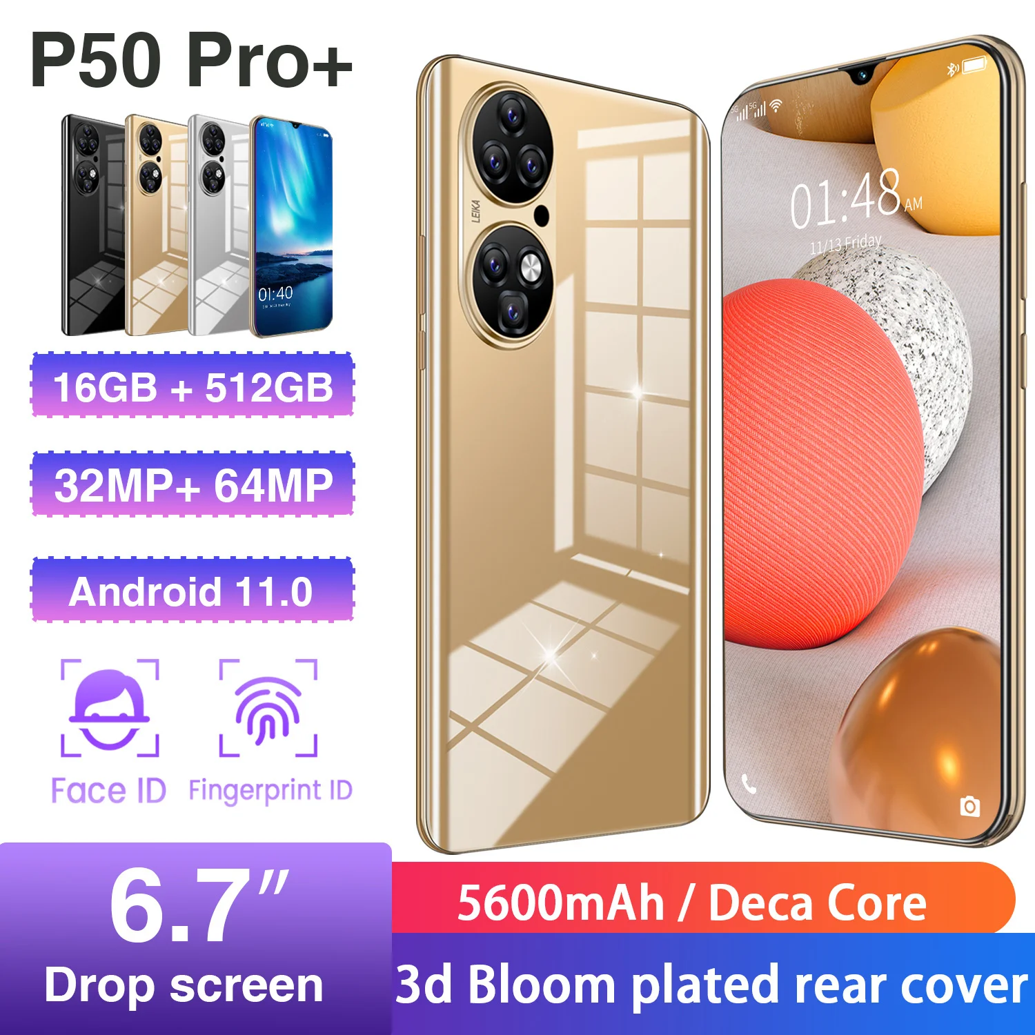 

Smartphones Huawe P50 Pro + 6.7" Phone 16G 512GB Dual SIM 5600mAh Face Recognition Multi-Language Support Global