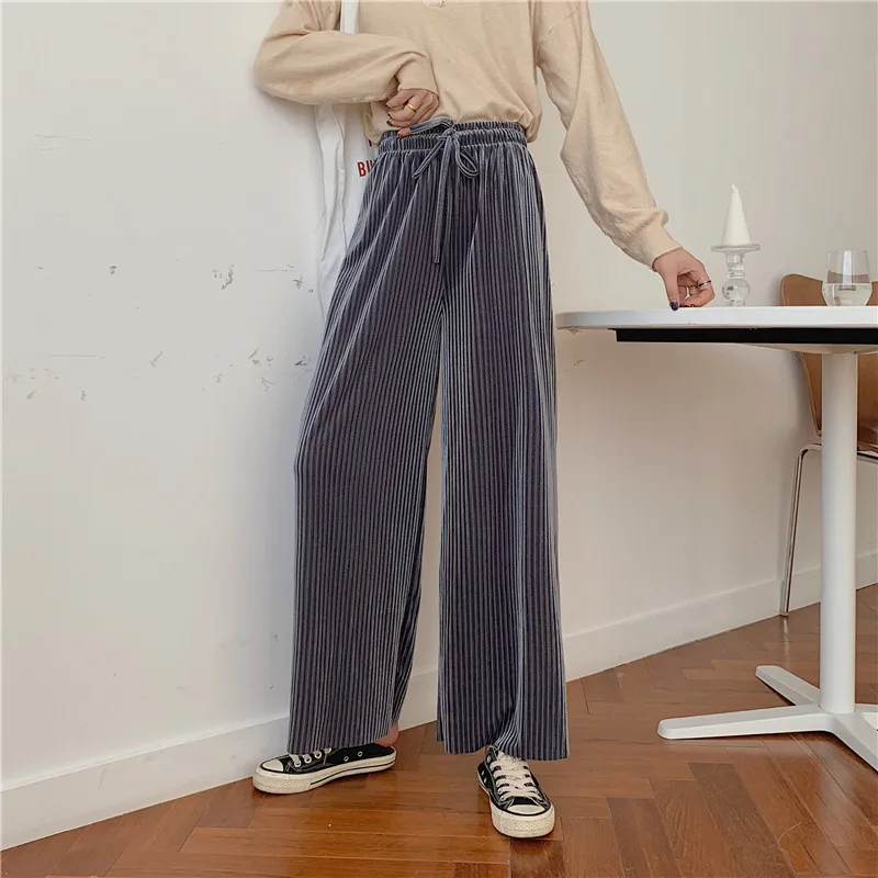 2019 Winter Women Velvet Wide Leg Pants Female Casual Elastic High Waist loose Autumn Pleated Solid Pant Femme | Женская одежда