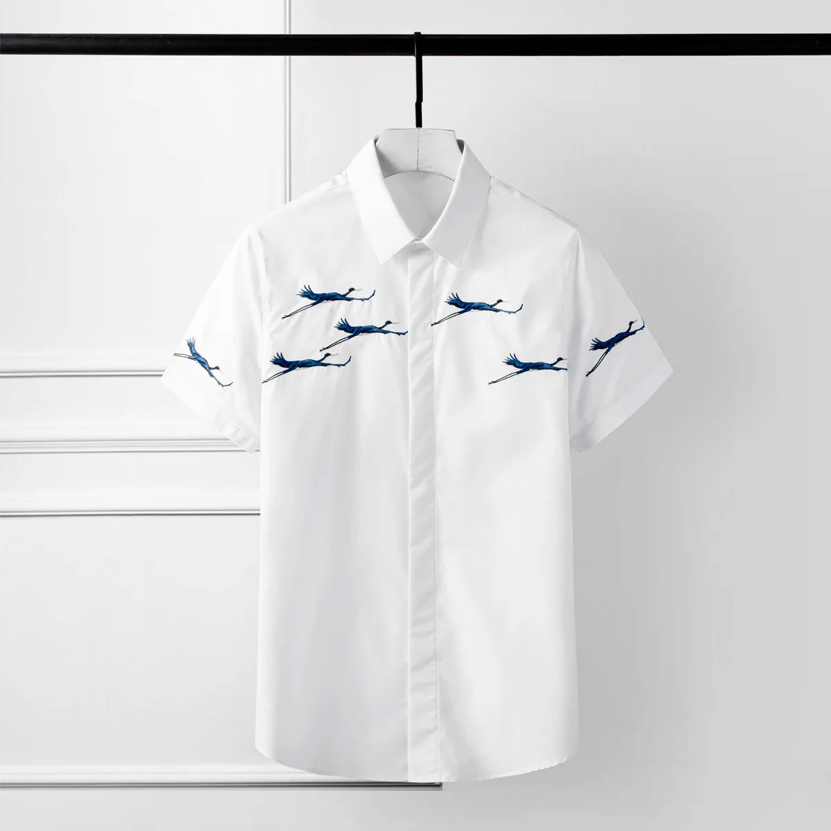 

New Mens Shirts Plus Size Luxury Flying Crane Embroidery Short Sleeve Mens Dress Shirts Fashion Slim Casual Man Shirt