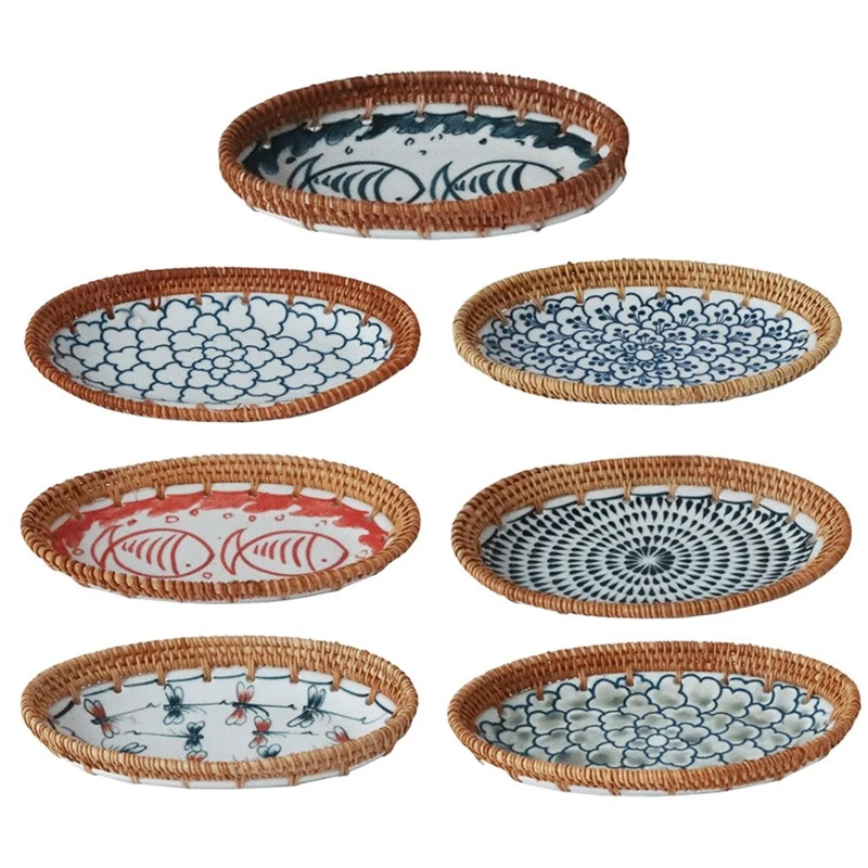

Hand Woven Rattan Blue & White Porcelain Stitching Snack Plates Sushi Plate Fruit Plate Snack Table Decor Japanese Style