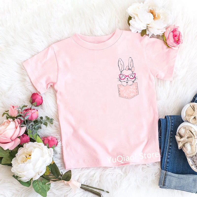 

Girls Pink T-Shirts Pocket Bunny/Rabbit/Flamingo/Bear/Fox/Zebra/Unicorn/Giraffe/Cat/Sheep Animal Print Kids Top Children Clothes