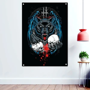 Evil Wolf Death Metal Artist Flags Vintage Decorative Banners Bloody Horror Art Skull Tapestry Rock Band Poster Wall Hanging