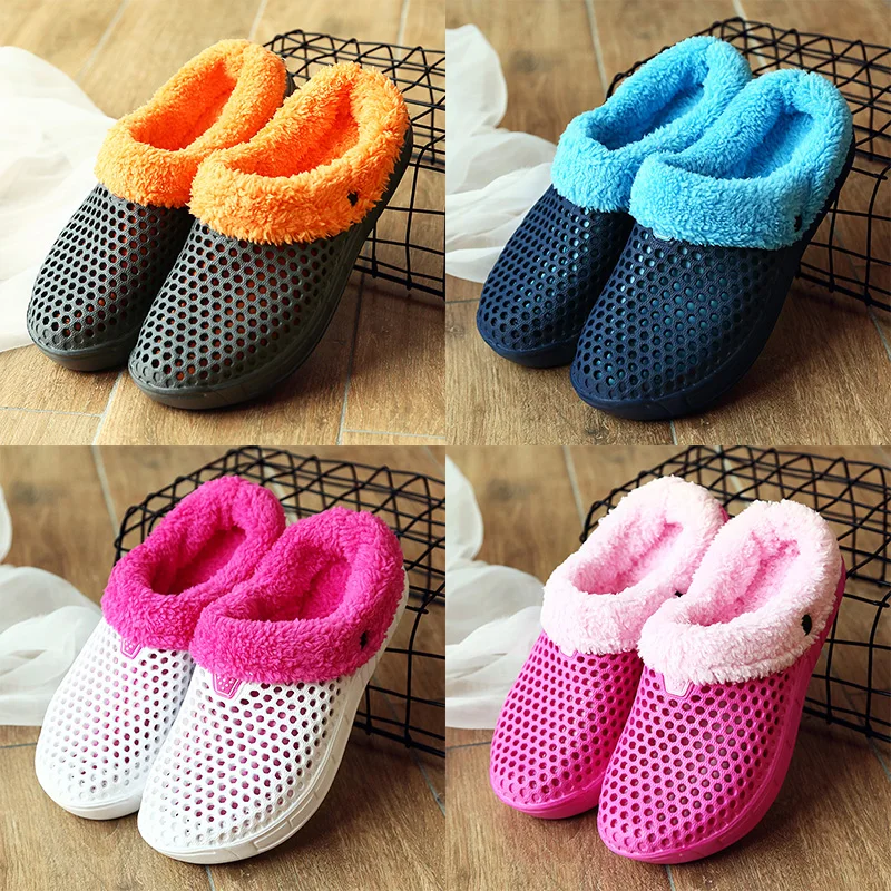 Women Winter Slippers Warm Plush Home Slippers Unisex Hole Casual Shoes For Couples Plus Size Female Flip Flops With Fur Fashion