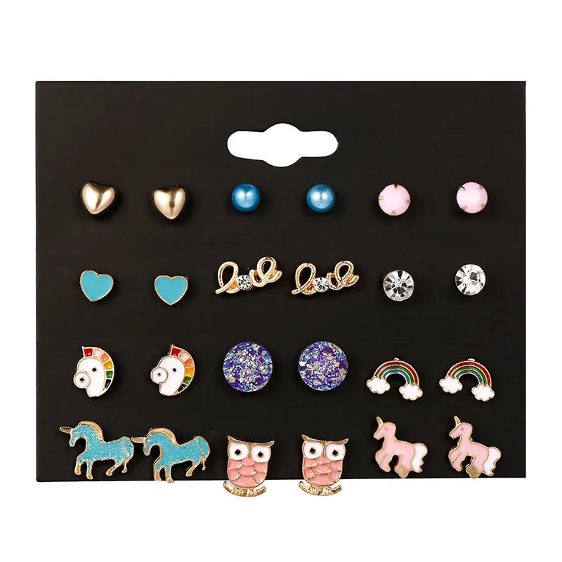 

12pairs Letter Love Heart Women's Earring Set Lovely Cute Children Jewelry Rainbow Bird Owl Horse Uicorn Stud Earrings Kids Gift