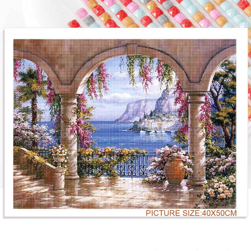 

Diy Decoration Diamond Scenery Seaside House and Sailboat Diamond Painting Rhinestone Picture Diamond Mosaic Home Decoration