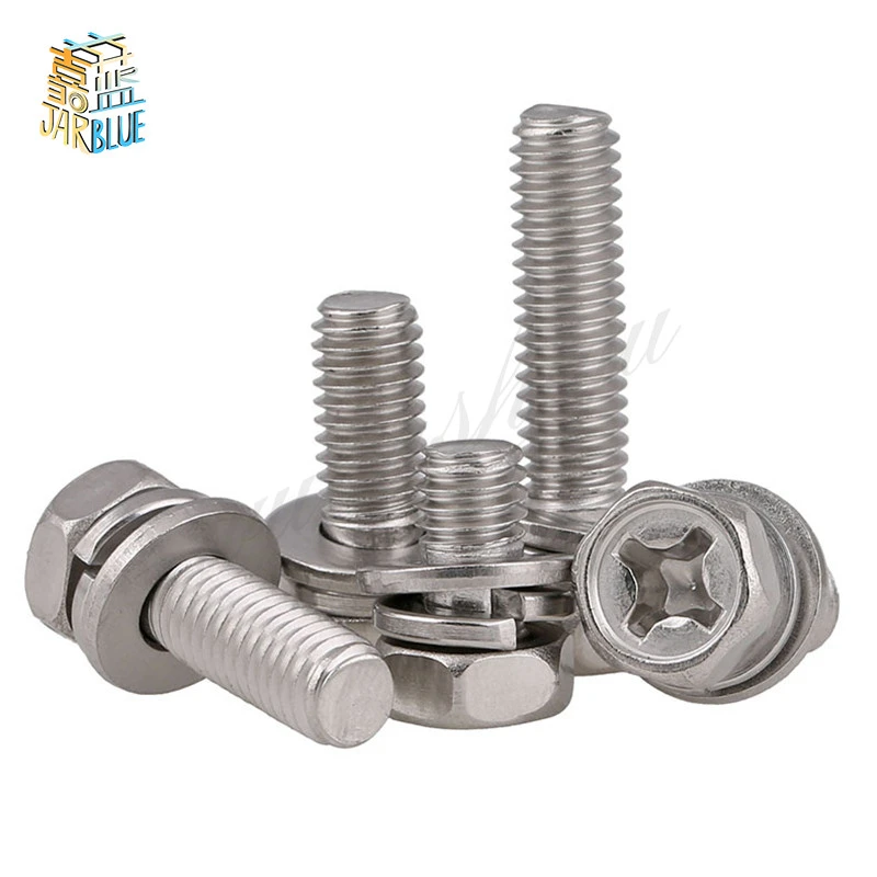 1-50pcs Cross recessed Hex Head with Washer Sem Screw M4 M5 M6 M8 Stainless Steel Metric Three Combination Thread