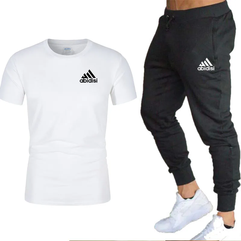 

New Brand Fashion Sports T-shirt Men's Summer Short-sleeved Sports Suit T-shirt + Sports Trousers Pure Cotton T-shirt Breathable