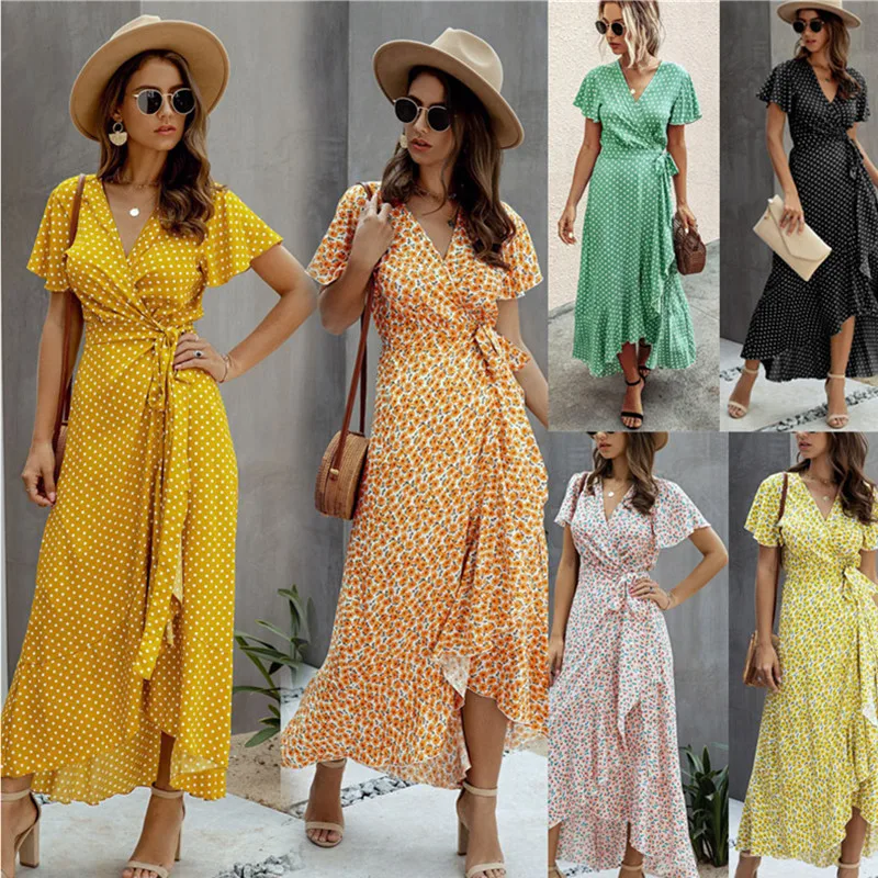 

Bikoles 2021 Summer New V Neck Short Sleeve Ladies Empire Maxi Dress Floral Wave Point Belt Bow Irregular Patchwork Ruffle Women