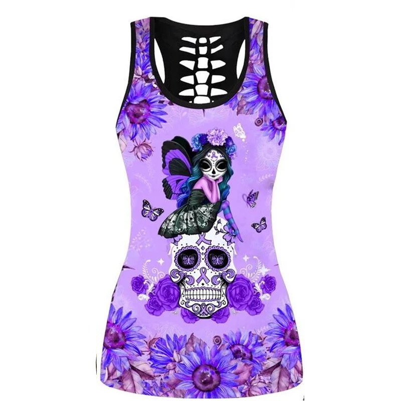 

Women's Yoga Skull Tank Top Graphic Sleeveless 3D Print Tees Back Hollow Tops Fashion Top for Teens