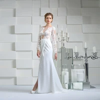boho long sleeves lace appliques wedding dress for women 2022 elegant satin illusion mermaid o neck button back bridal gown