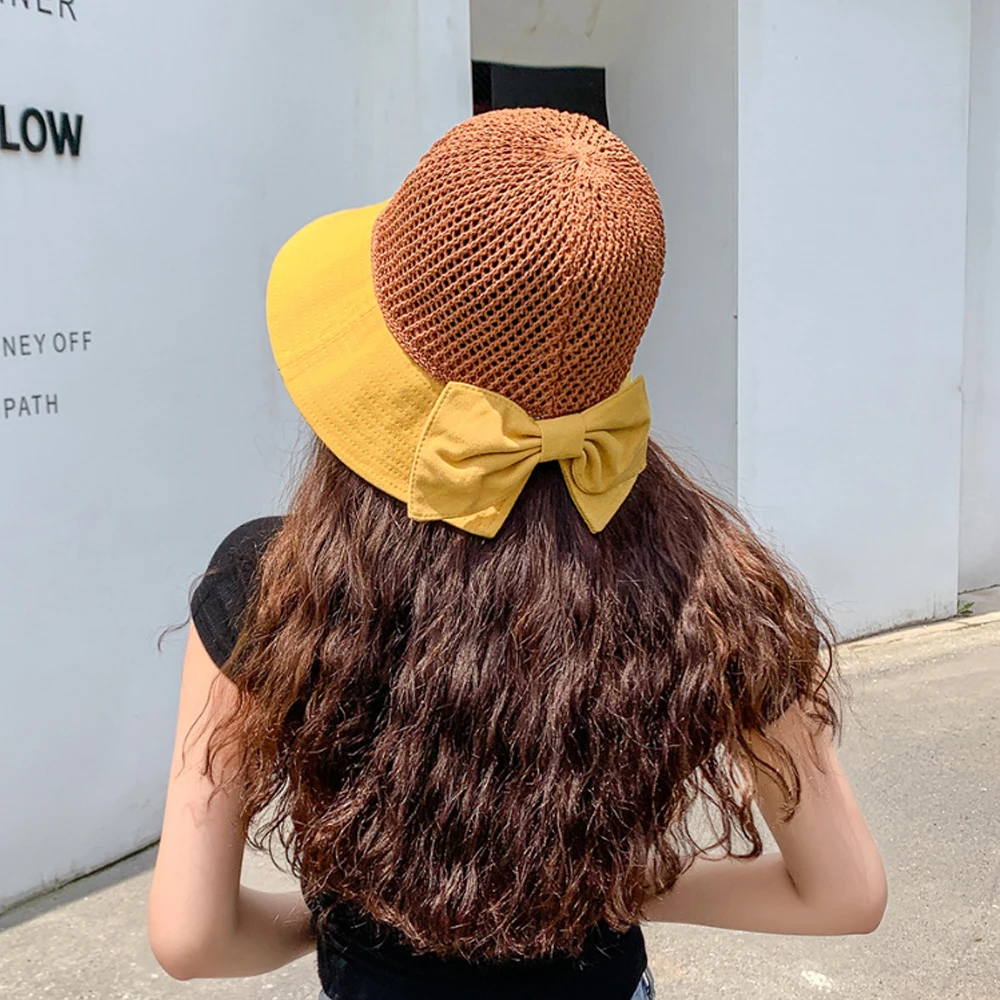 

New Fashion Bowknot Women Summer SunHat Wide Brim Anti-UV Beach Cap Foldable Portable Bucket Hat Visors Straw Hat