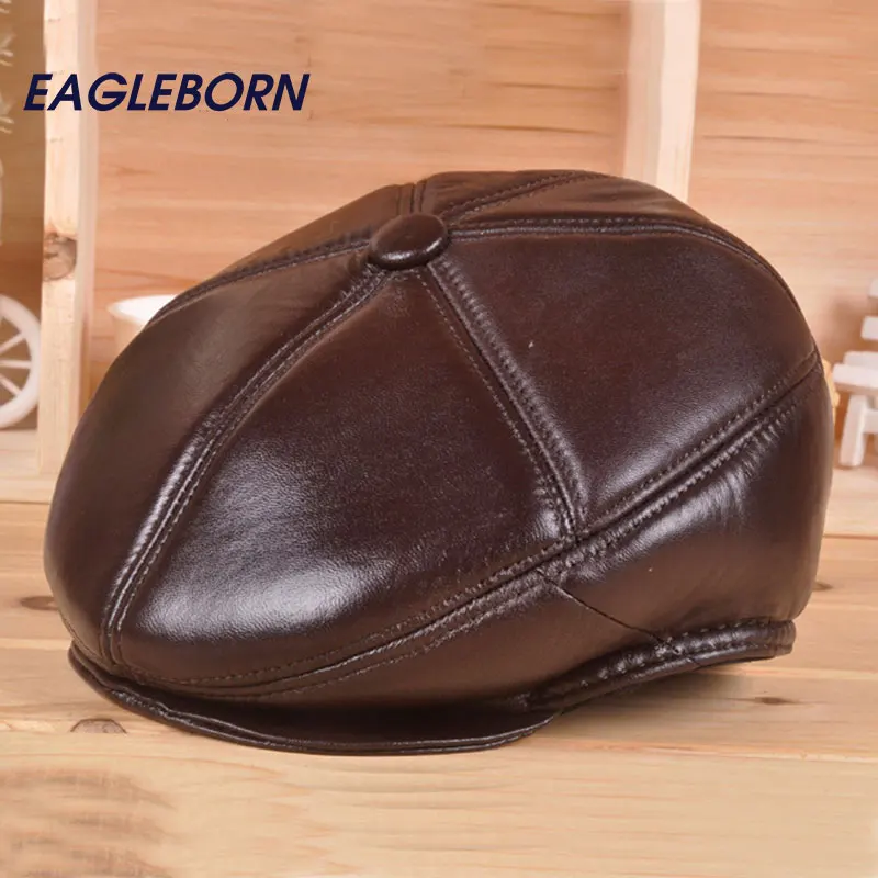 2021 модный кожаный берет мужские теплые шапки зимние для пожилых людей с ушами