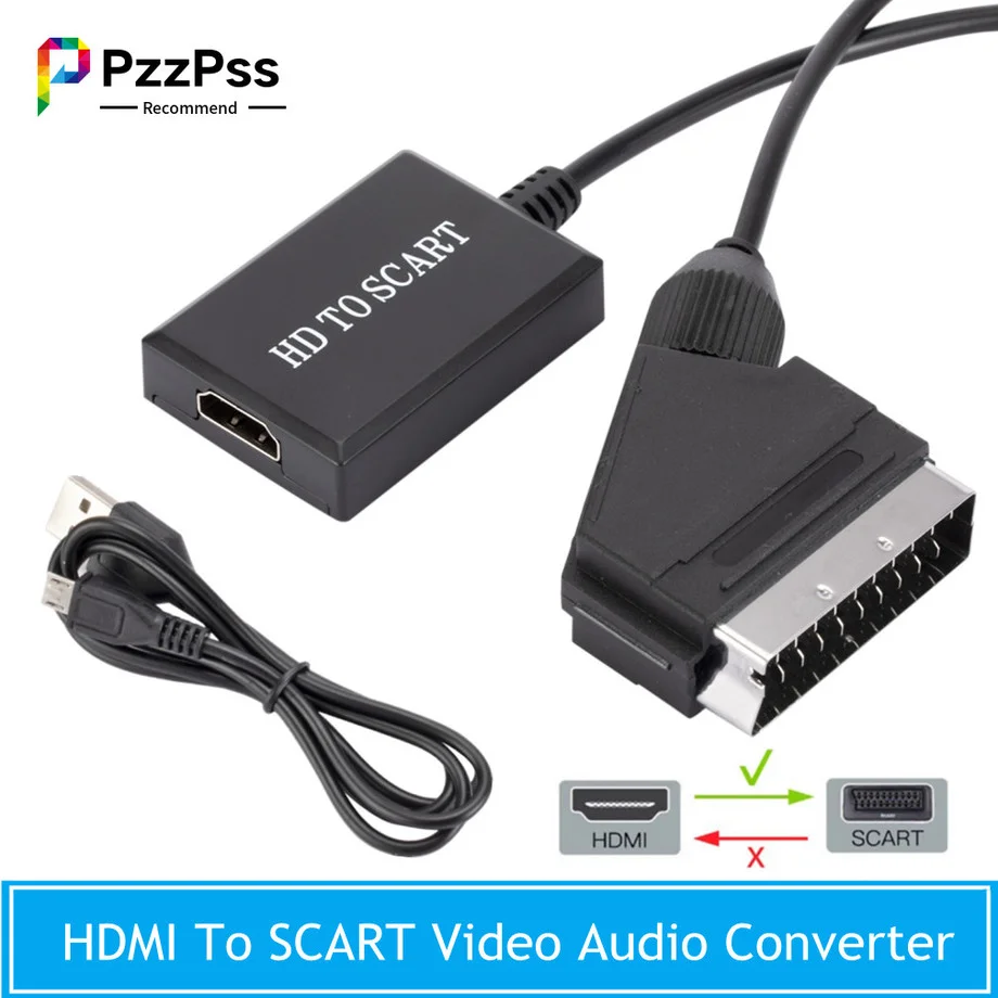 

PzzPss HD 1080P HDMI Input To SCART Output Video Audio Converter Adapter For HDTV DVD For Sky Box STB Plug and Play DC Cables