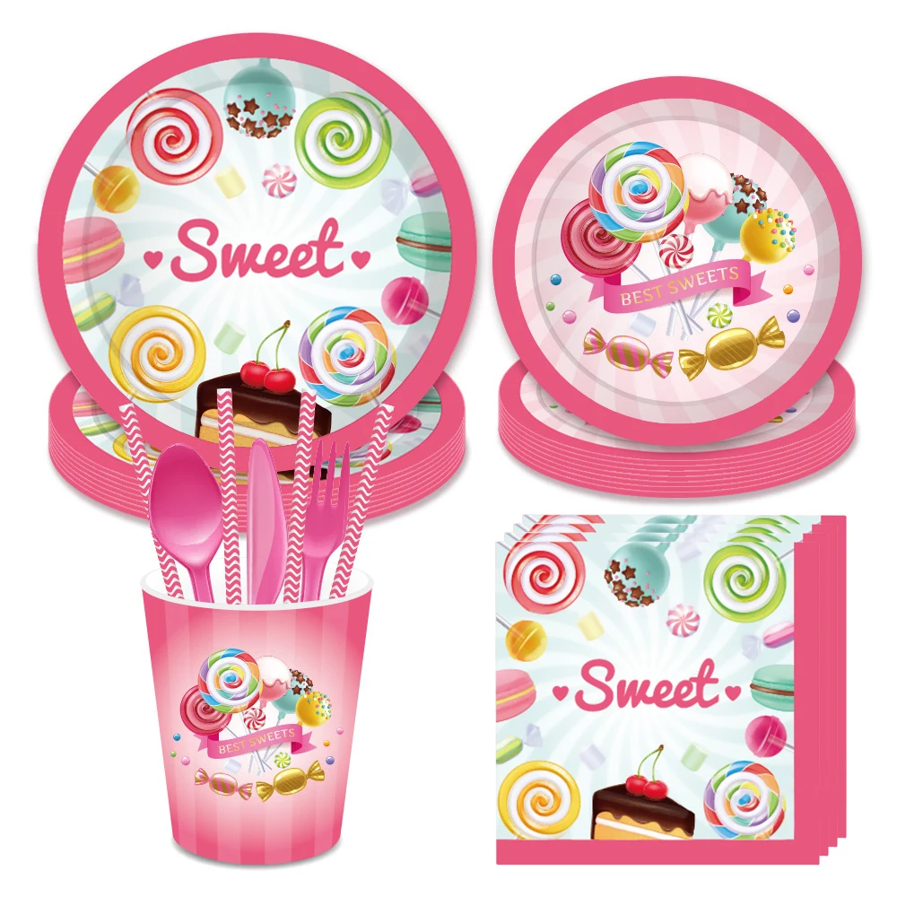 Купи Lollipop Party Kit Paper Cups Plate Napkins Candy Bag Bar Party Decoration Baby Shower Kids Birthday Party Decoration за 98 рублей в магазине AliExpress