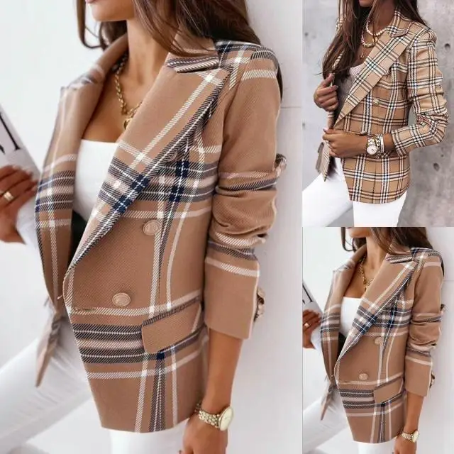 

Plaid Blazer Jacket Women Spring Autumn Long Sleeve Casual Slim Thin Blazers Khaki Woman Coats 2021 Elegant Office Suit Coat