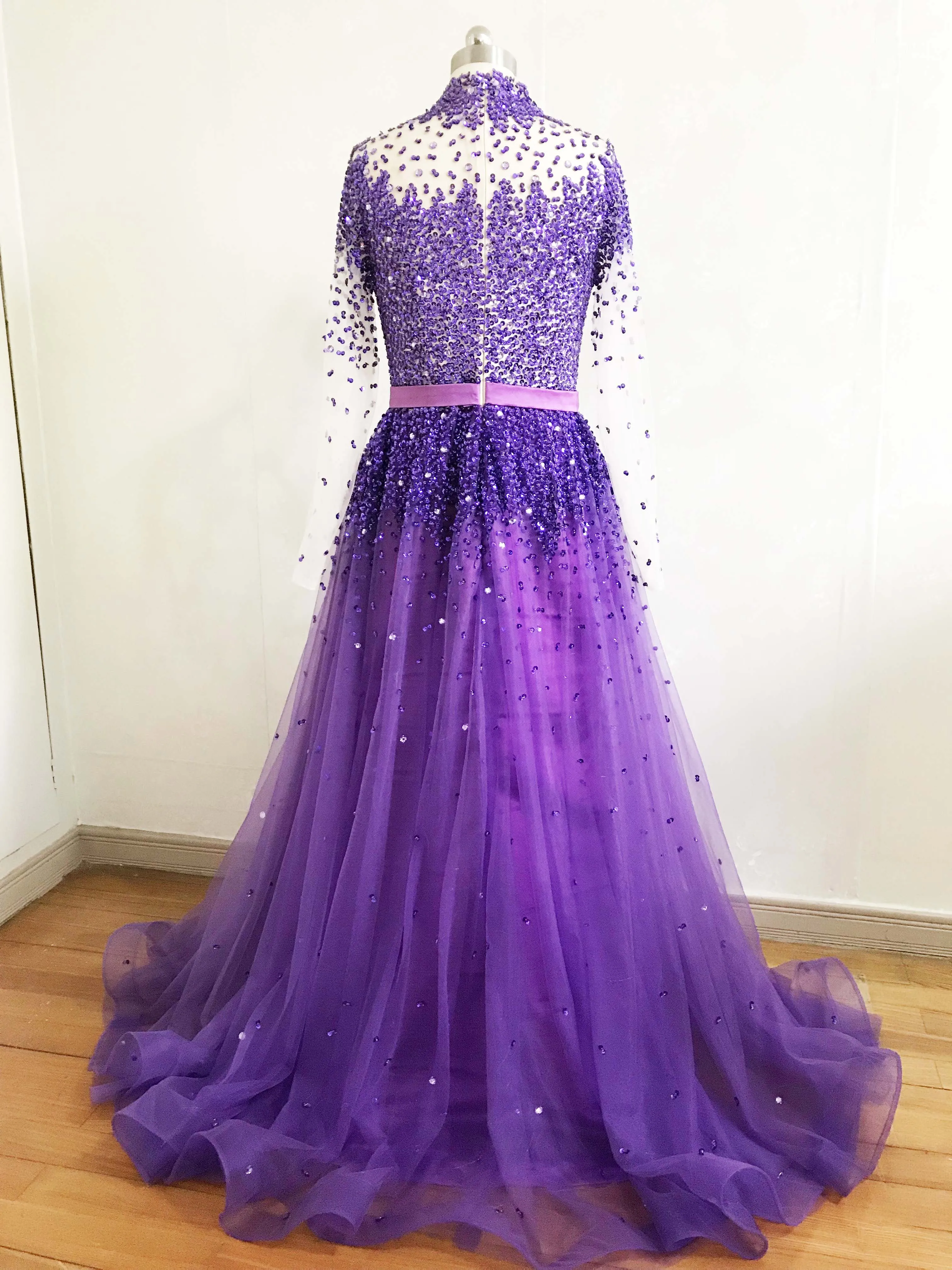 Best Selling Purple High Collar Beaded Heavily Long Sleeve A Line Prom Dresses