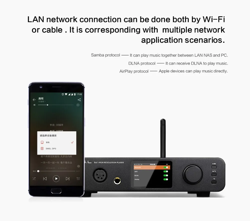 SMSL DP3 декодер Amplifie Hi-Res сбалансированный цифровой плеер ES9018Q2C двухсторонний Bluetooth 4,0/wifi/DSD коаксиальный/оптический USB DAC AMP