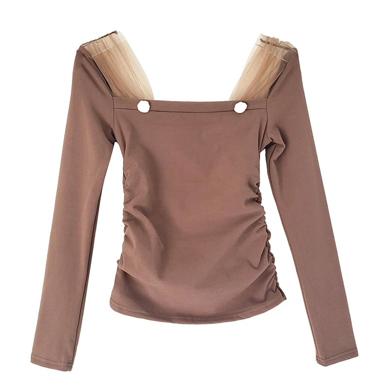 

2021 Spring New Net yarn Splicing Cotton Long Sleeve Womens T-shirt Thin Sexy Strapless Slash Neck Tops