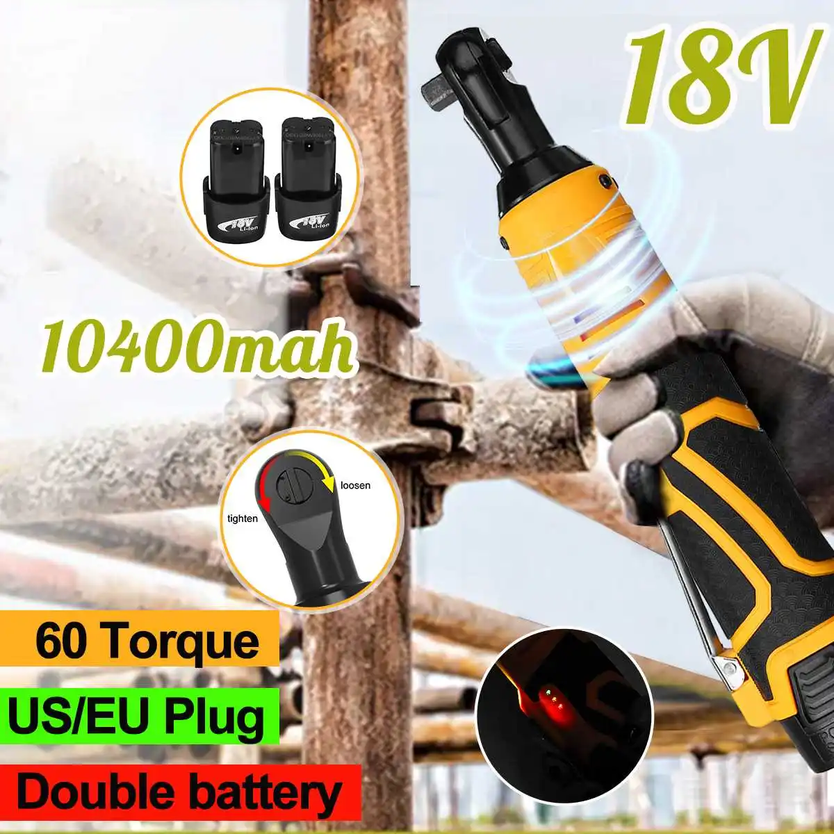 18V 10400mah литиевая батарея перезаряжаемый 60NM электрический ключ портативный Трещоточный ключ 90 градусов инструмент гаечный ключ быстрое зарядное устройство
