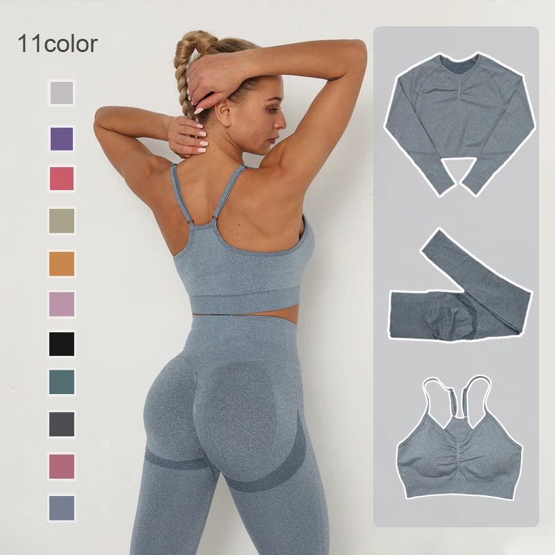 

Gym Clothes Sport Suit SkinnyTracksuit Breathable Bra Long Sleeve Top Seamless Outfits High Waist Push Up Leggings Women's Sets