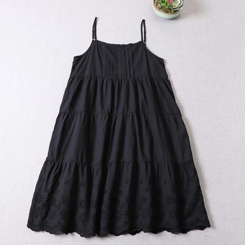

Japan Style Mori Girl Women Cotton Embroidery Hollow Out Sling Dress Loose Solid Color Dress