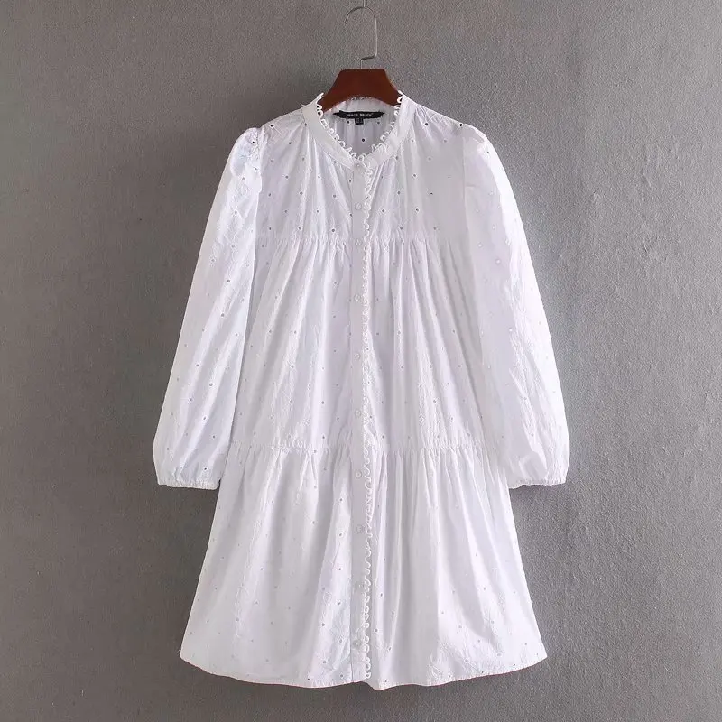 

2020 women elegant hollow out embroidery casual white shirtdress female long sleeve lace edge vestidos chic mini dresses DS3435