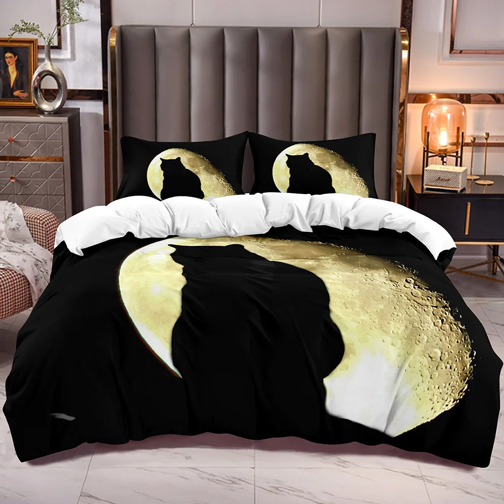 

Black Duvet Cover with Moon Cat Print White Reverse Comforter Cover Sets Large Moon Planet Print