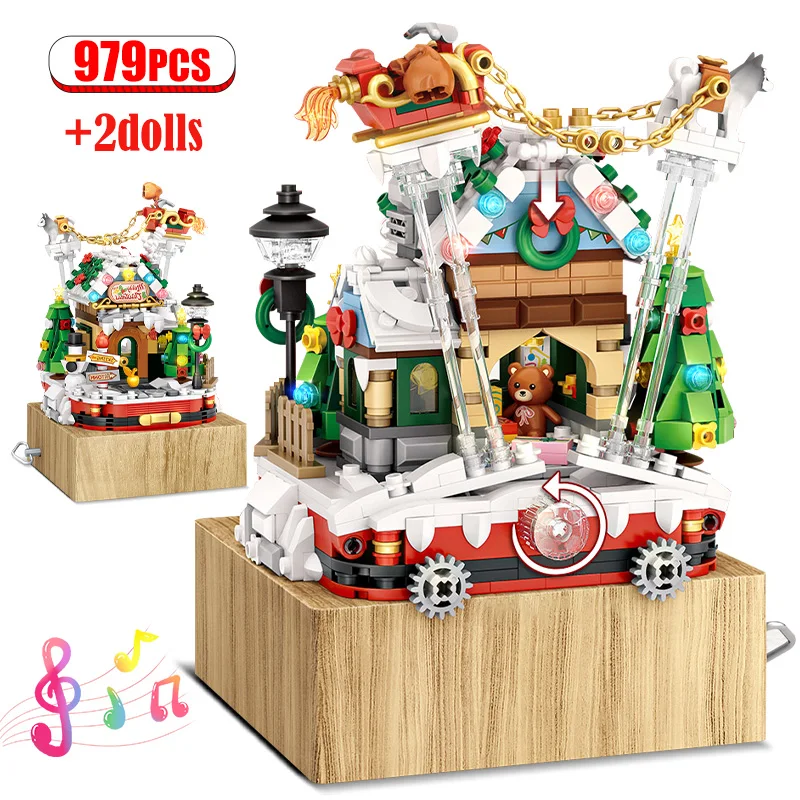 

979pcs Mini City Street View Music Box Tree House Building Blocks Christmas Santa Figures Bricks Toys for Children Gifts