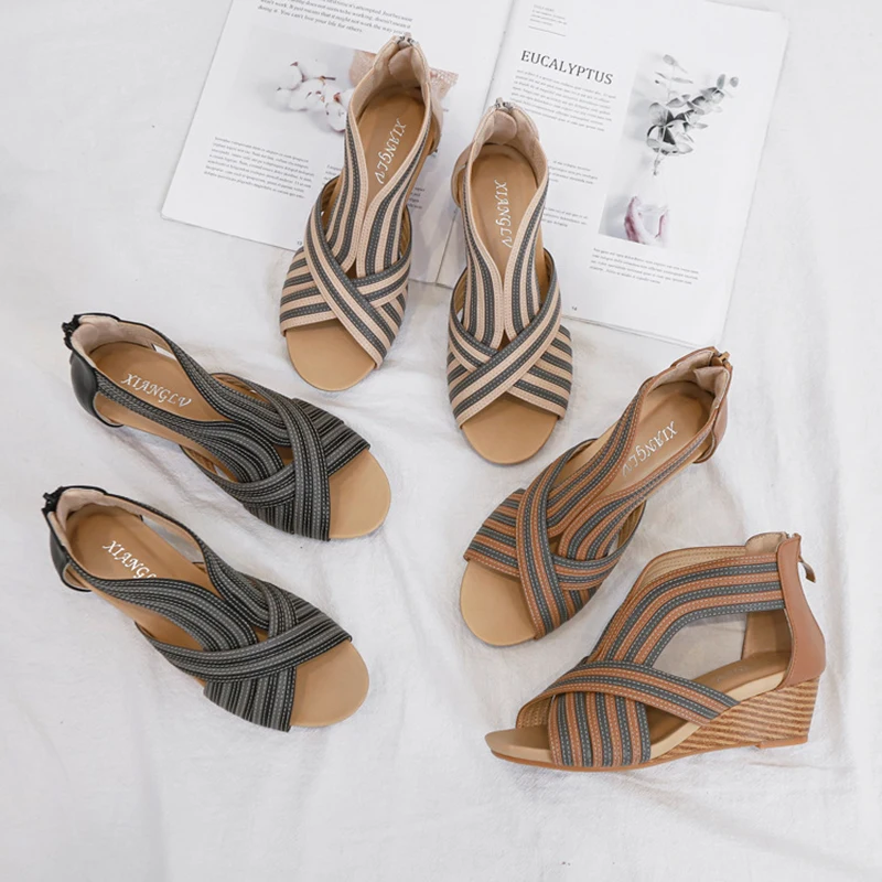 

Women Summer Sandals 2021 Mid Heels Wedges Shoes Woman Vintage PU Leather Plus Size Sandalias Platform Sexy Ladies Slides