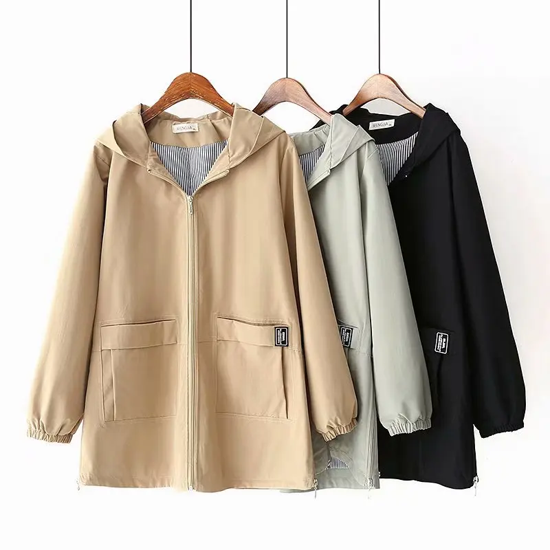 

Pop Spring autumn women zipper hooded windbreaker coat Plus size 5XL loose long outerwear khaki casual top female Trench coats